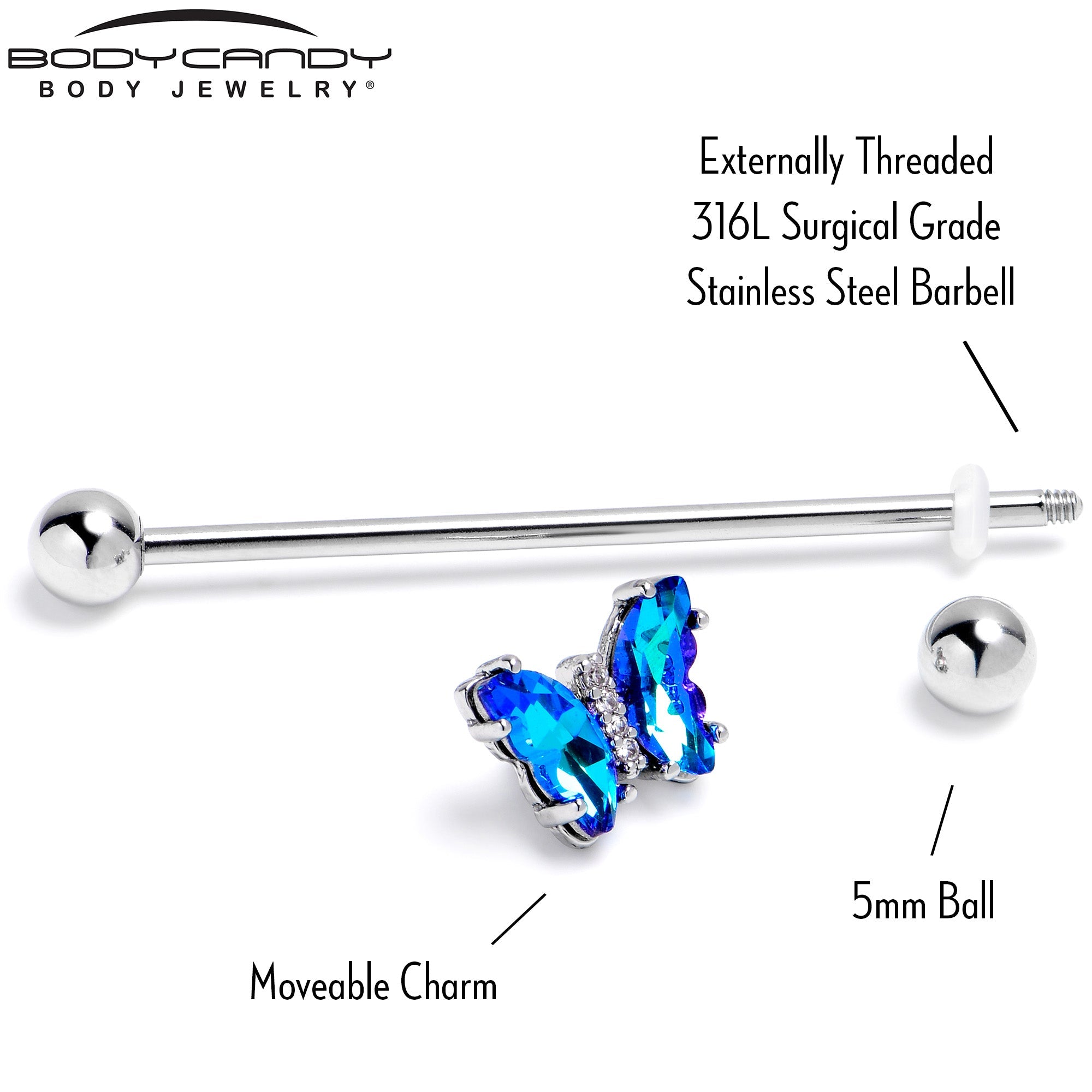 14G Blue CZ Gem Simply Colorful Butterfly Industrial Barbell 38mm
