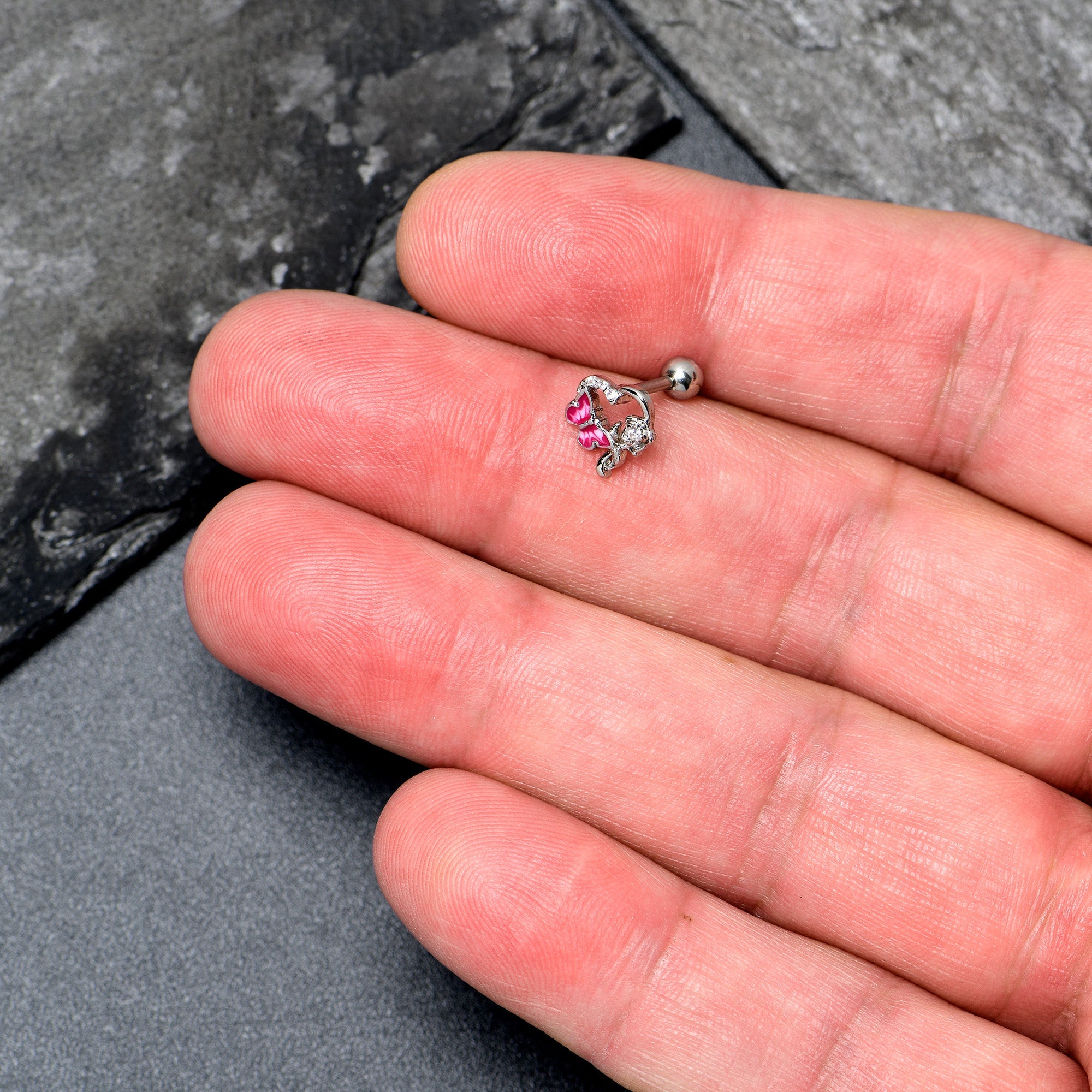 16G 1/4 Clear CZ Gem Butterfly Rose Pink Cartilage Tragus Stud