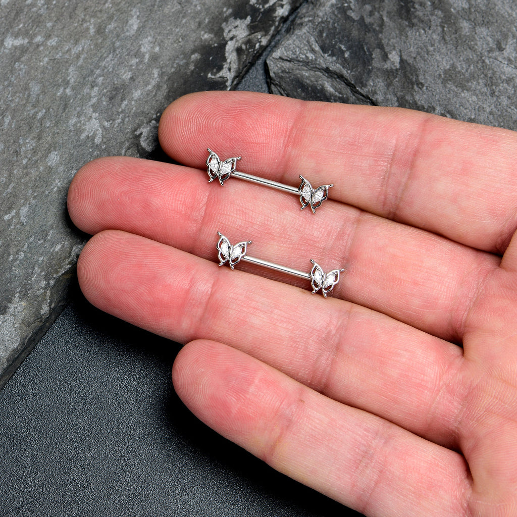 14G 9/16 Clear Gem Fancy Fab Butterfly Barbell Nipple Ring Set
