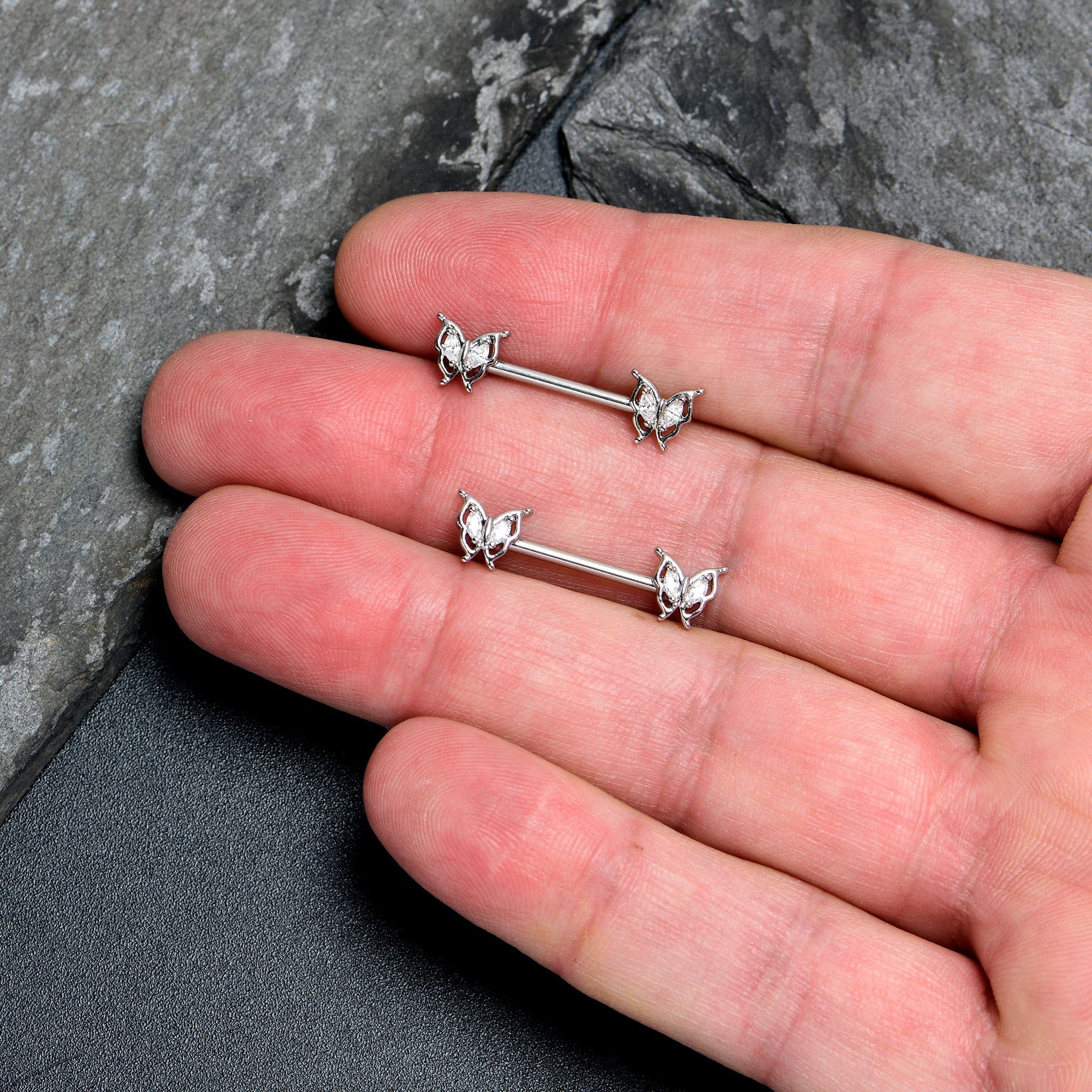 14G 9/16 Clear Gem Fancy Fab Butterfly Barbell Nipple Ring Set