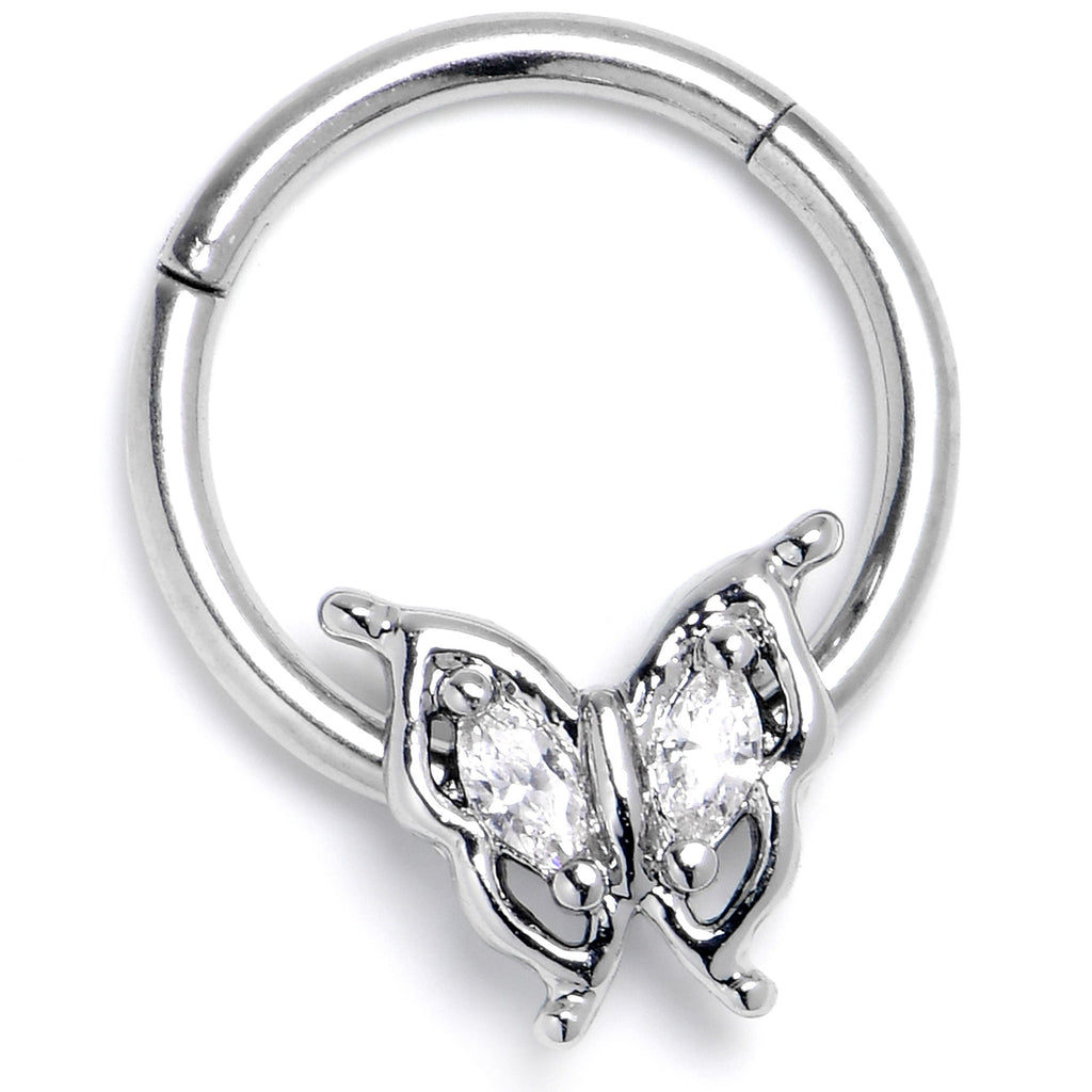 16G 3/8 Clear Gem Fancy Fab Butterfly Hinged Segment Ring