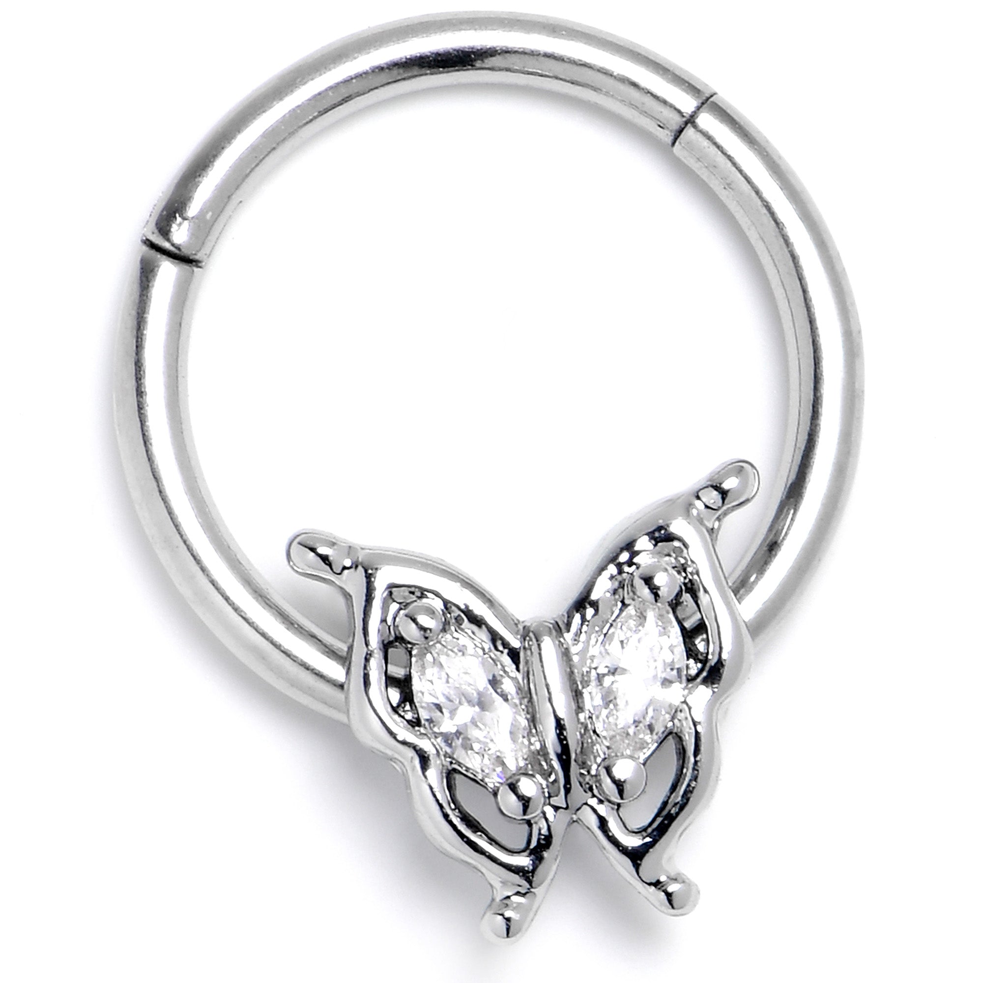 16G 3/8 Clear Gem Fancy Fab Butterfly Hinged Segment Ring