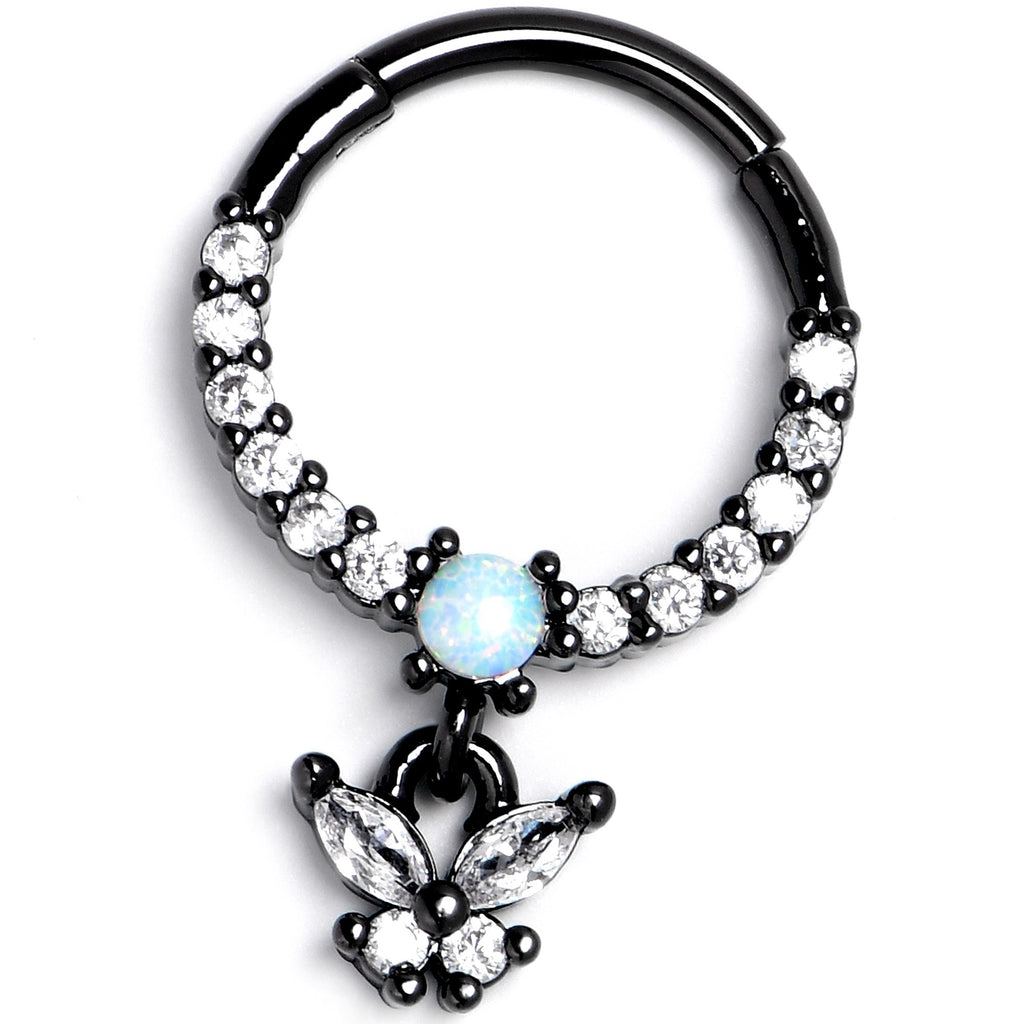16G 3/8 Blue Synthetic Opal Black Butterfly Hinged Segment Ring