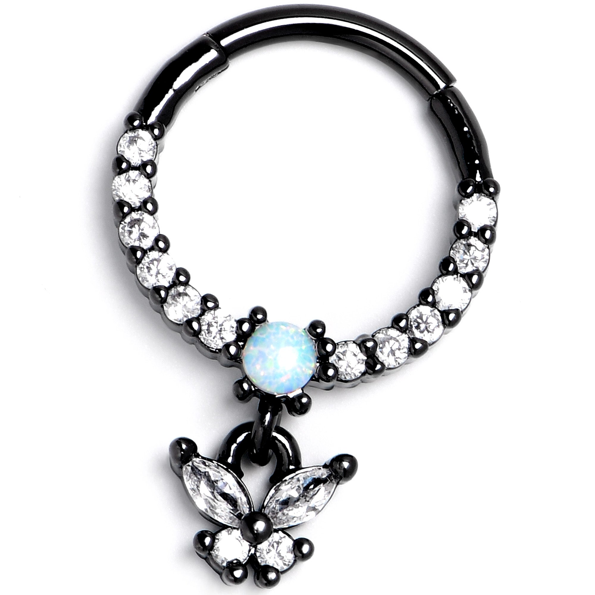 16G 3/8 Blue Synthetic Opal Black Butterfly Hinged Segment Ring