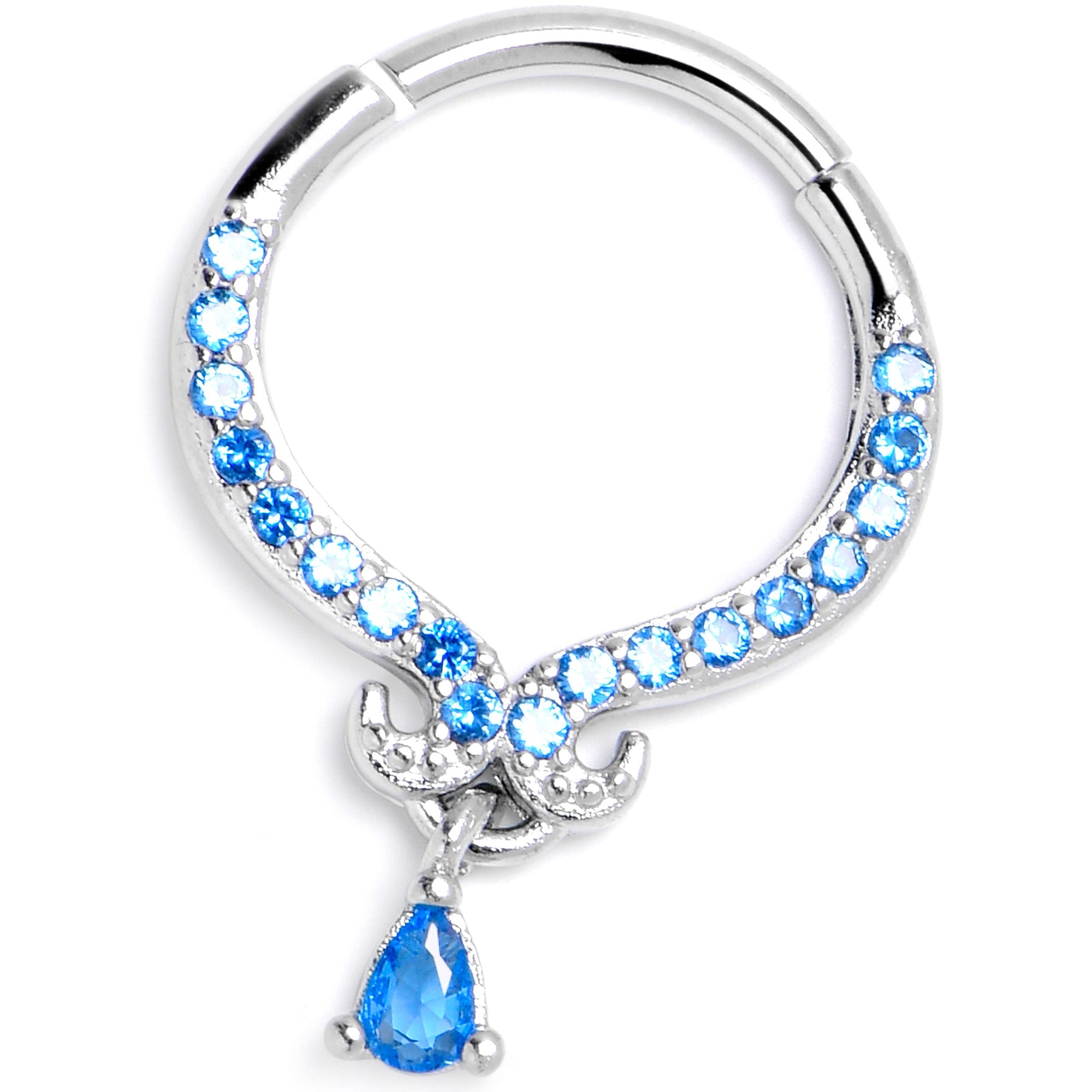 16G 3/8 Blue CZ Gem Elegant Curves Dangle Hinged Segment Ring