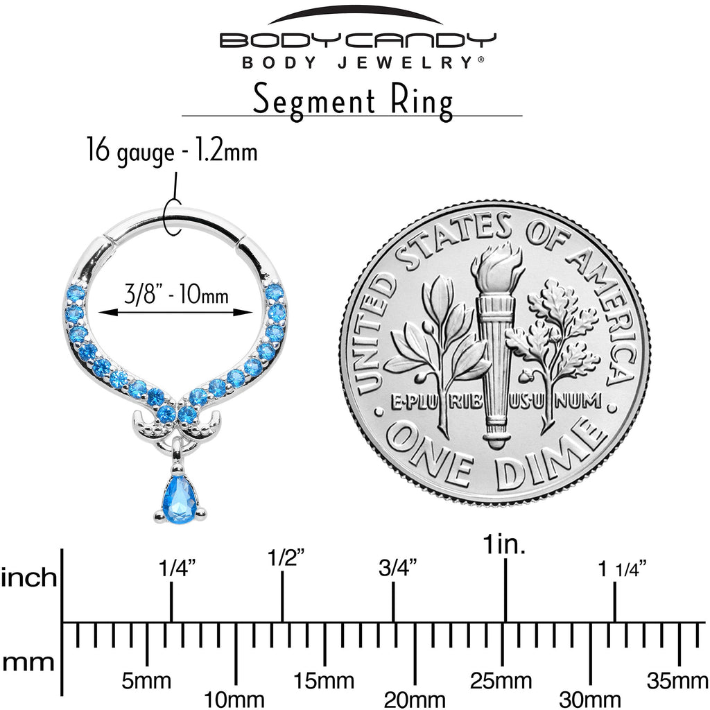 16G 3/8 Blue CZ Gem Elegant Curves Dangle Hinged Segment Ring