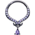 16G 3/8 Purple CZ Gem Black Elegant Curves Dangle Hinged Segment Ring