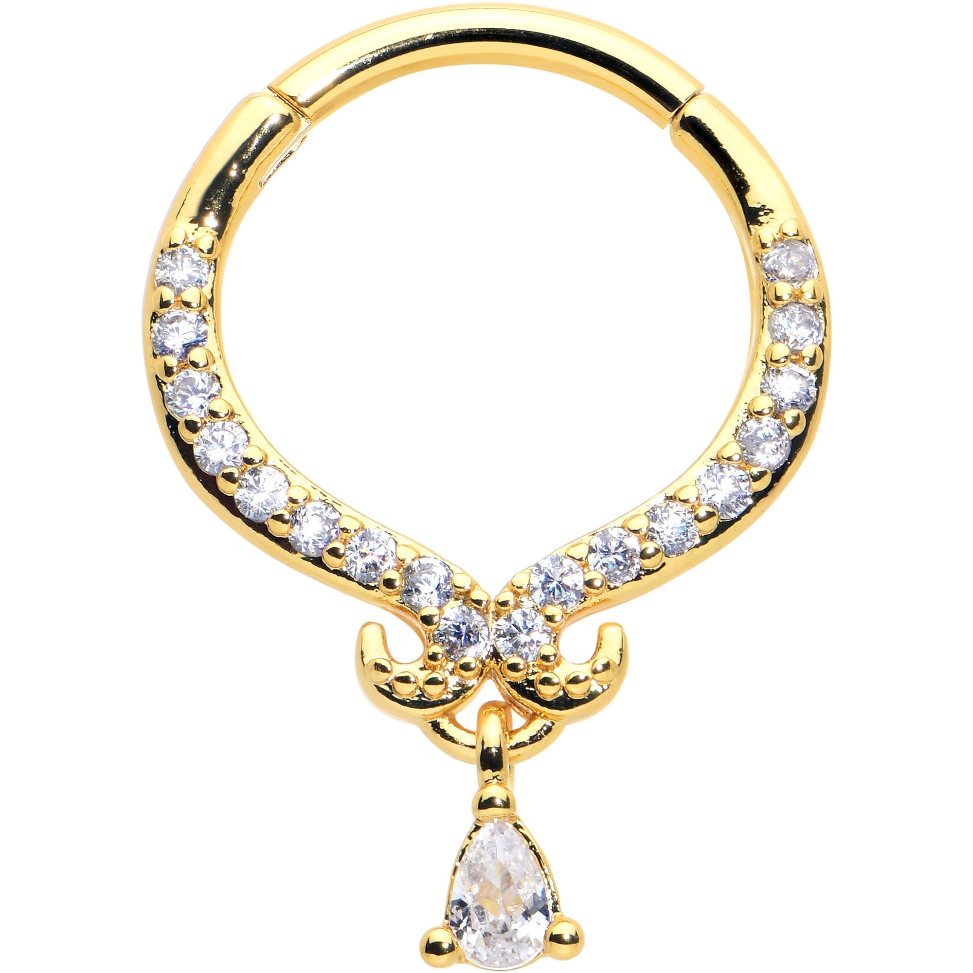 16G 3/8 Clear CZ Gem Gold Hue Elegant Curves Dangle Hinged Segment Ring