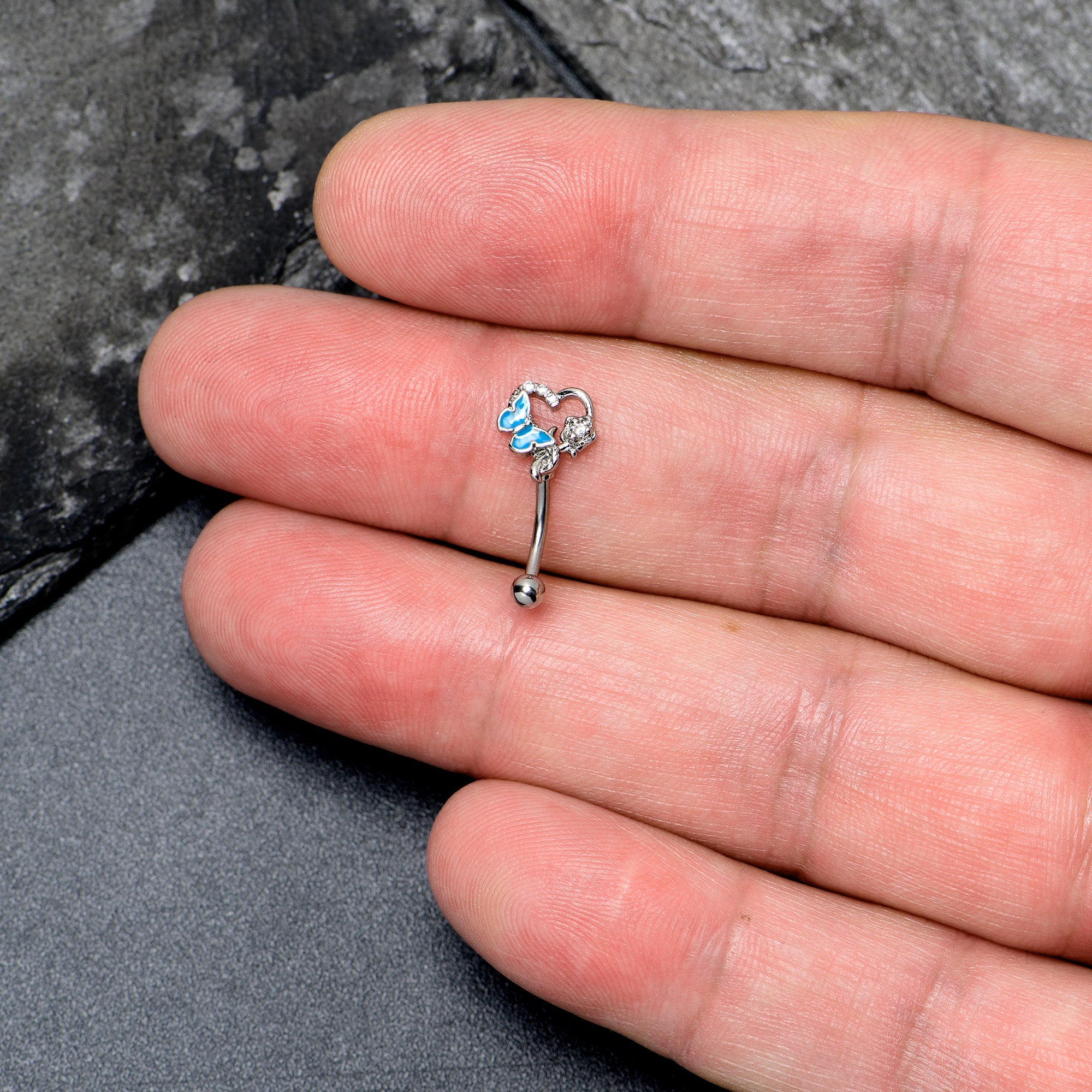 16G 5/16 Clear Gem Butterfly Rose Flower Blue Curved Eyebrow Ring