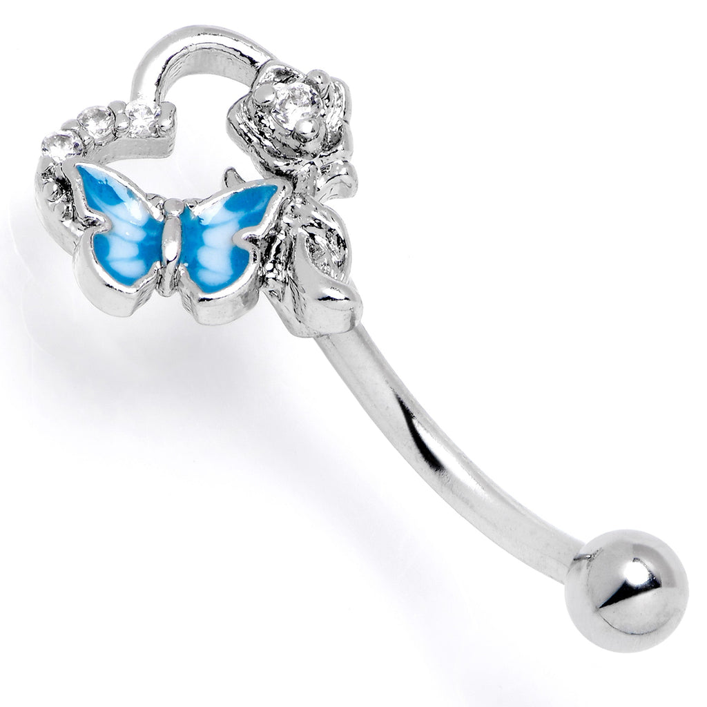 16G 5/16 Clear Gem Butterfly Rose Flower Blue Curved Eyebrow Ring