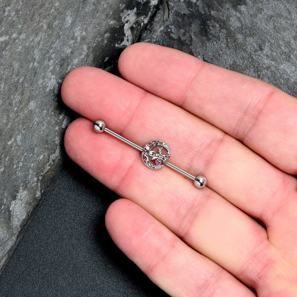 14G Pink Gem Lunar Dragonfly Industrial Barbell 38mm