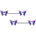 14G 9/16 Pink Gem Heart Butterfly Purple Barbell Nipple Ring Set