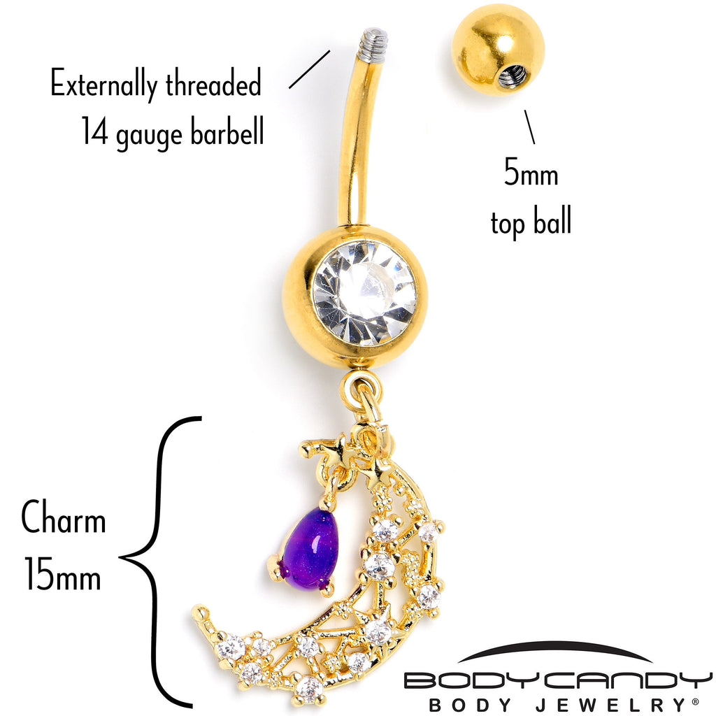 Purple Gem Gold Tone Constellation Moon Dangle Belly Ring