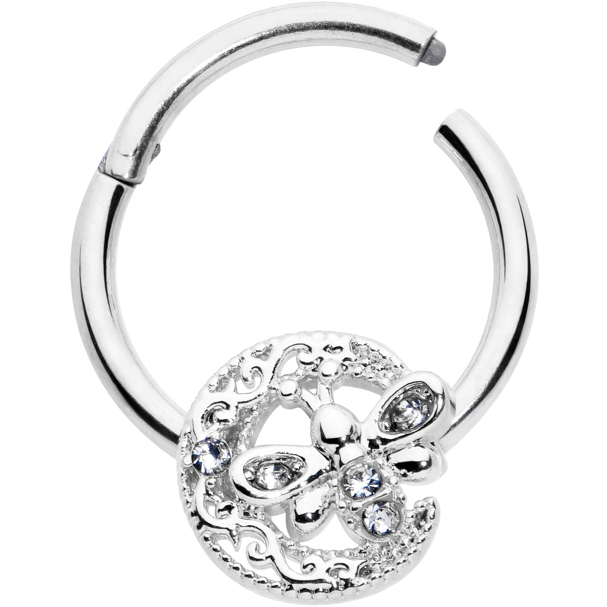 16G 3/8 Clear Gem Lunar Dragonfly Hinged Segment Ring