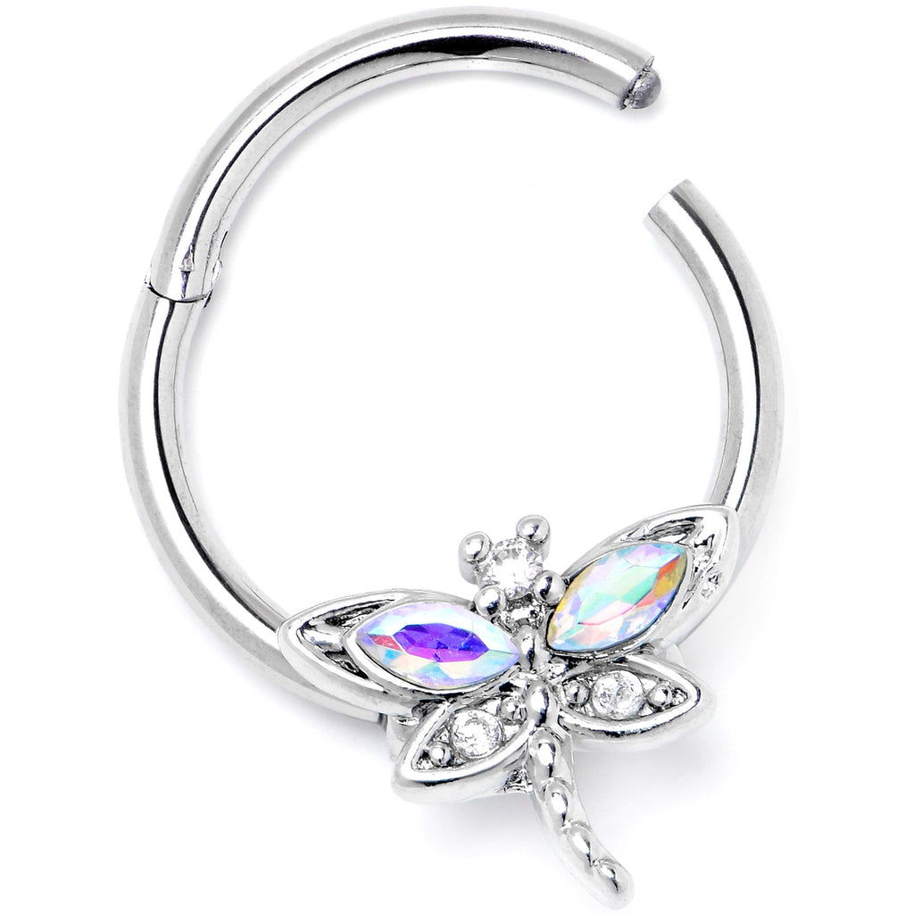 16G 3/8 Aurora CZ Gem Understated Dragonfly Hinged Segment Ring