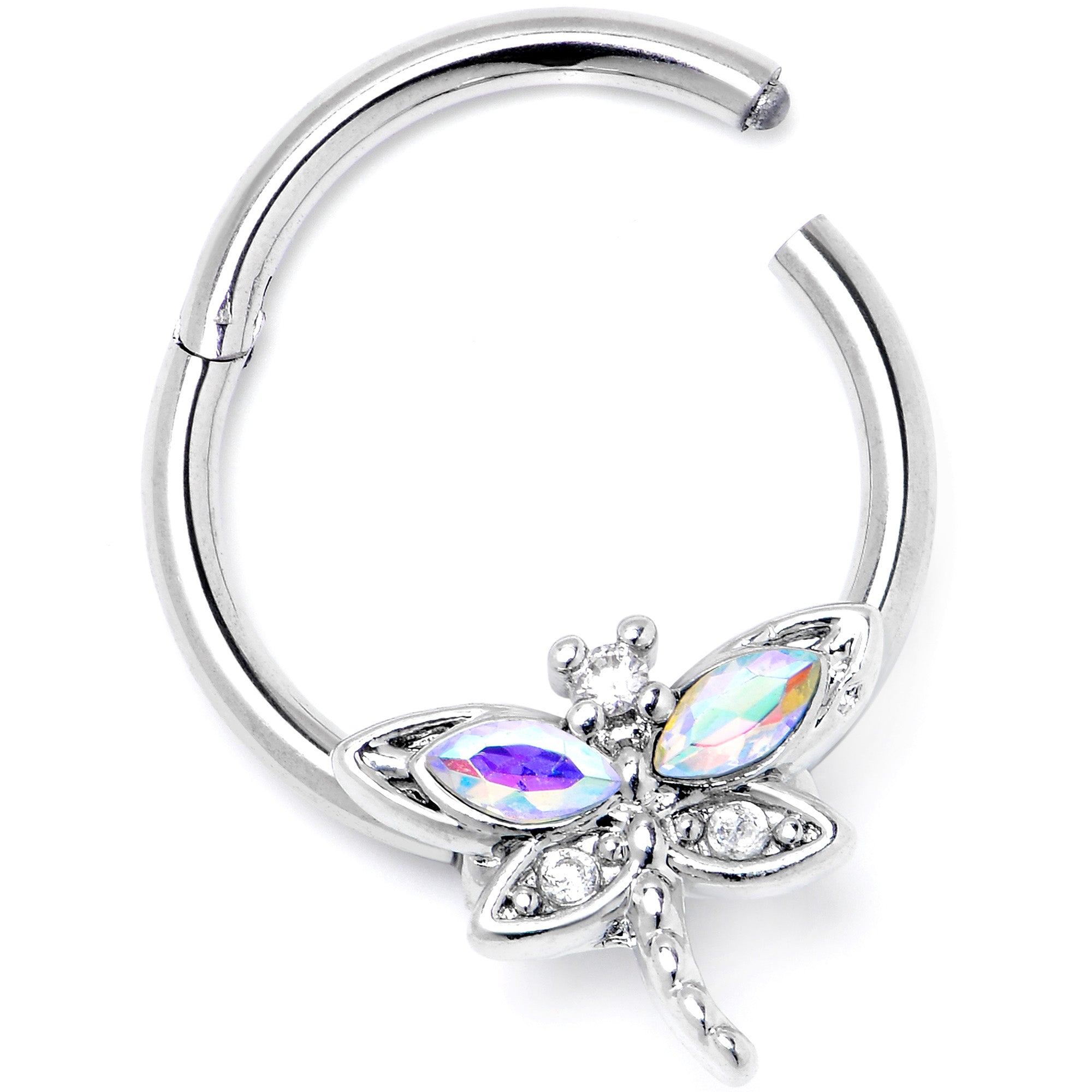 16G 3/8 Aurora CZ Gem Understated Dragonfly Hinged Segment Ring