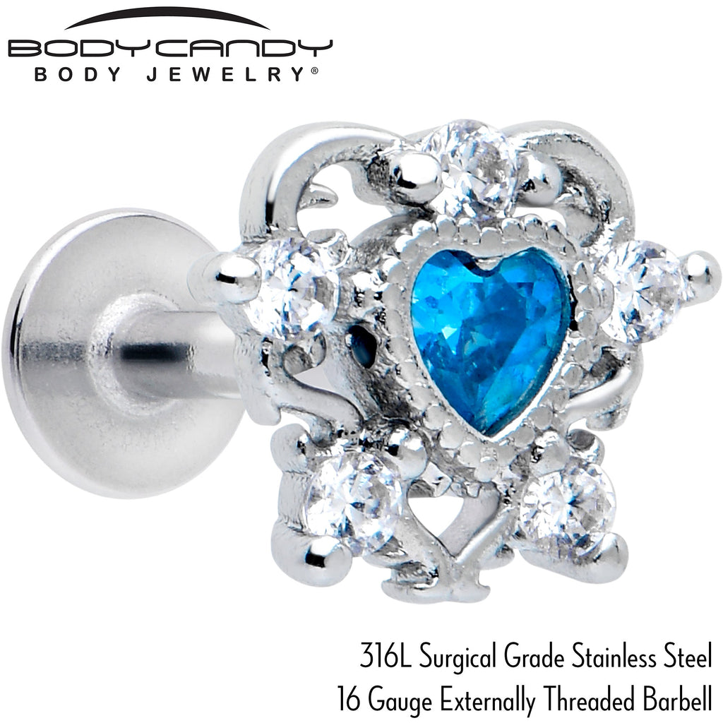 16G Blue Clear CZ Gem Heart Flat Back Earring