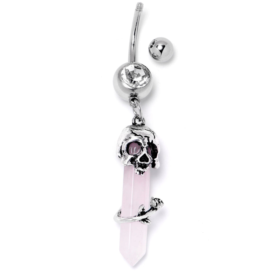 Pink Rose Quartz Skull Obelisk Rose Dangle Belly Ring