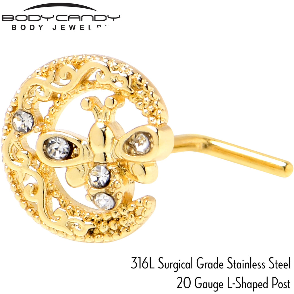 20G 7mm Clear Gem Gold Tone Lunar Dragonfly L Shape Nose Ring