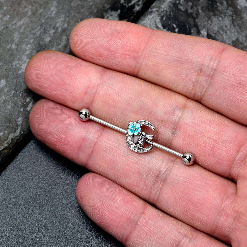 14G Clear Gem Rabbit On Moon Flower Blue Industrial Barbell 38mm