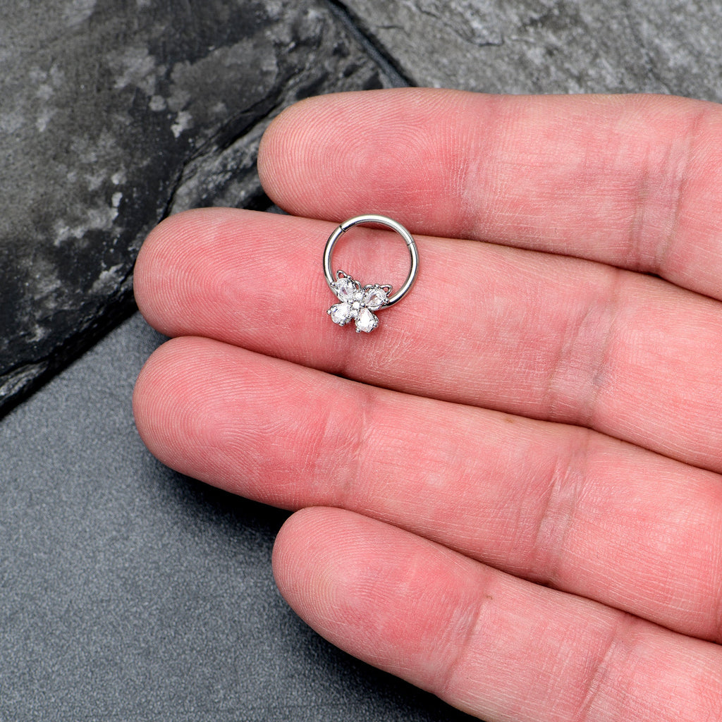 16G 3/8 Clear Gem Baroque Beauty Butterfly Hinged Segment Ring