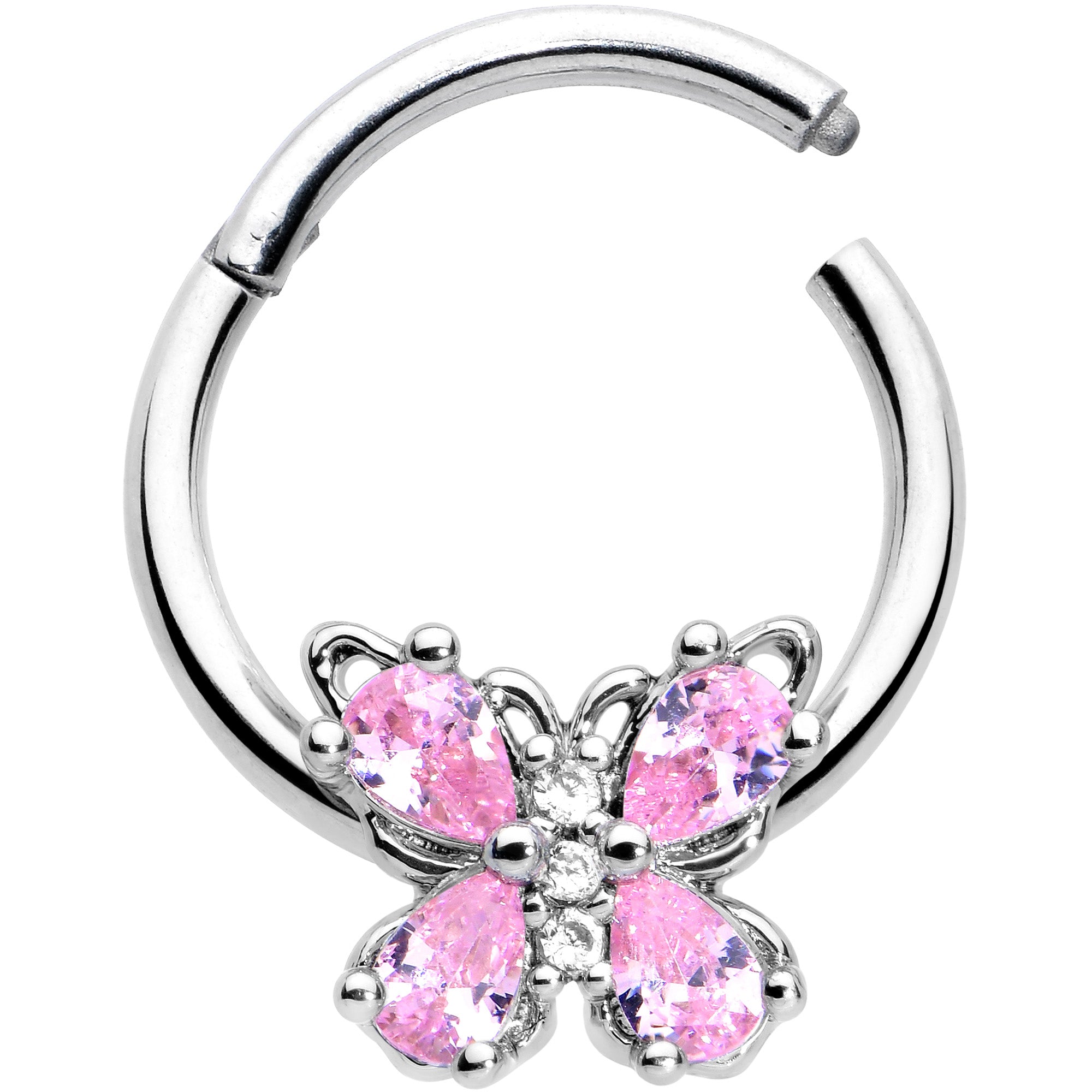 16G 3/8 Pink Gem Baroque Beauty Butterfly Hinged Segment Ring