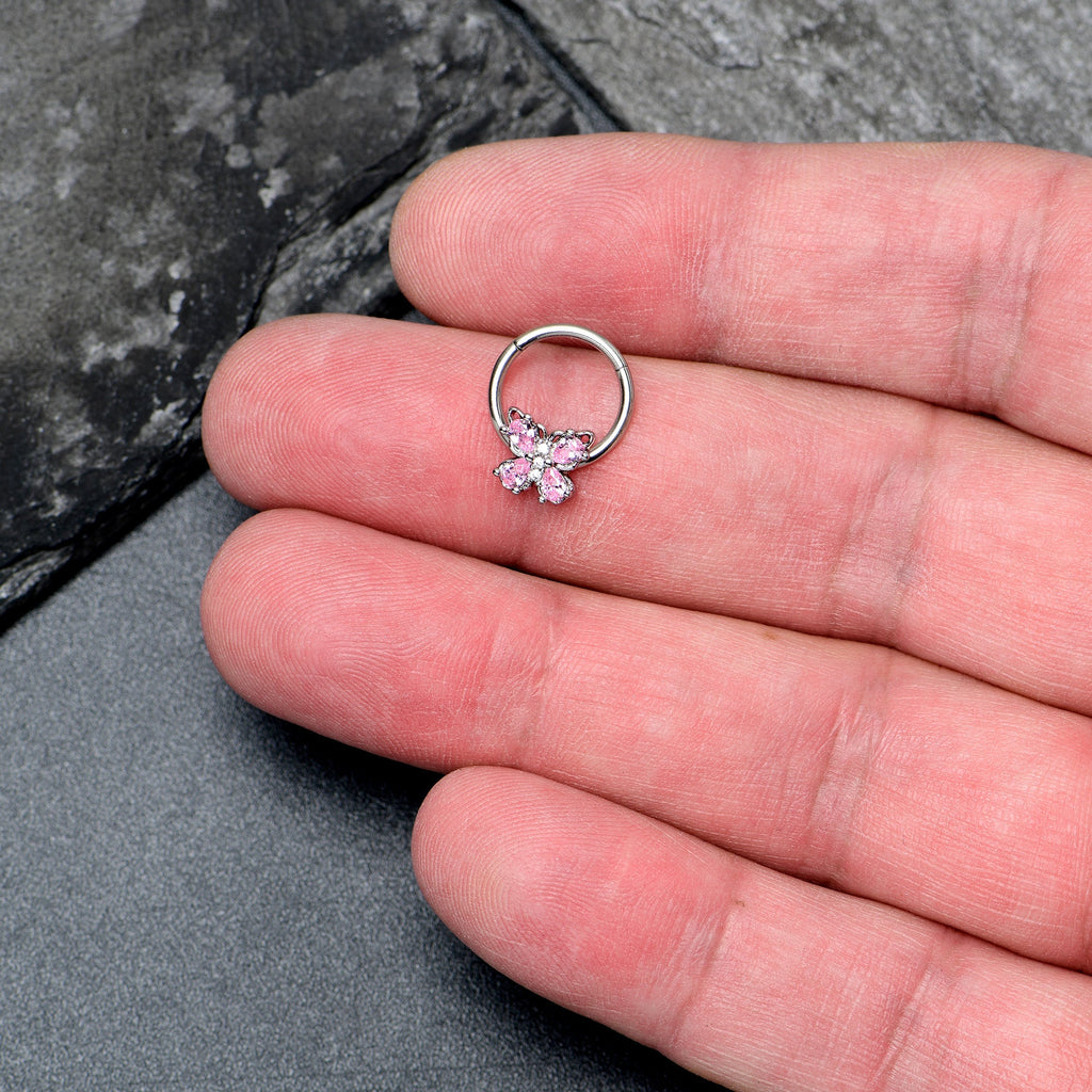 16G 3/8 Pink Gem Baroque Beauty Butterfly Hinged Segment Ring