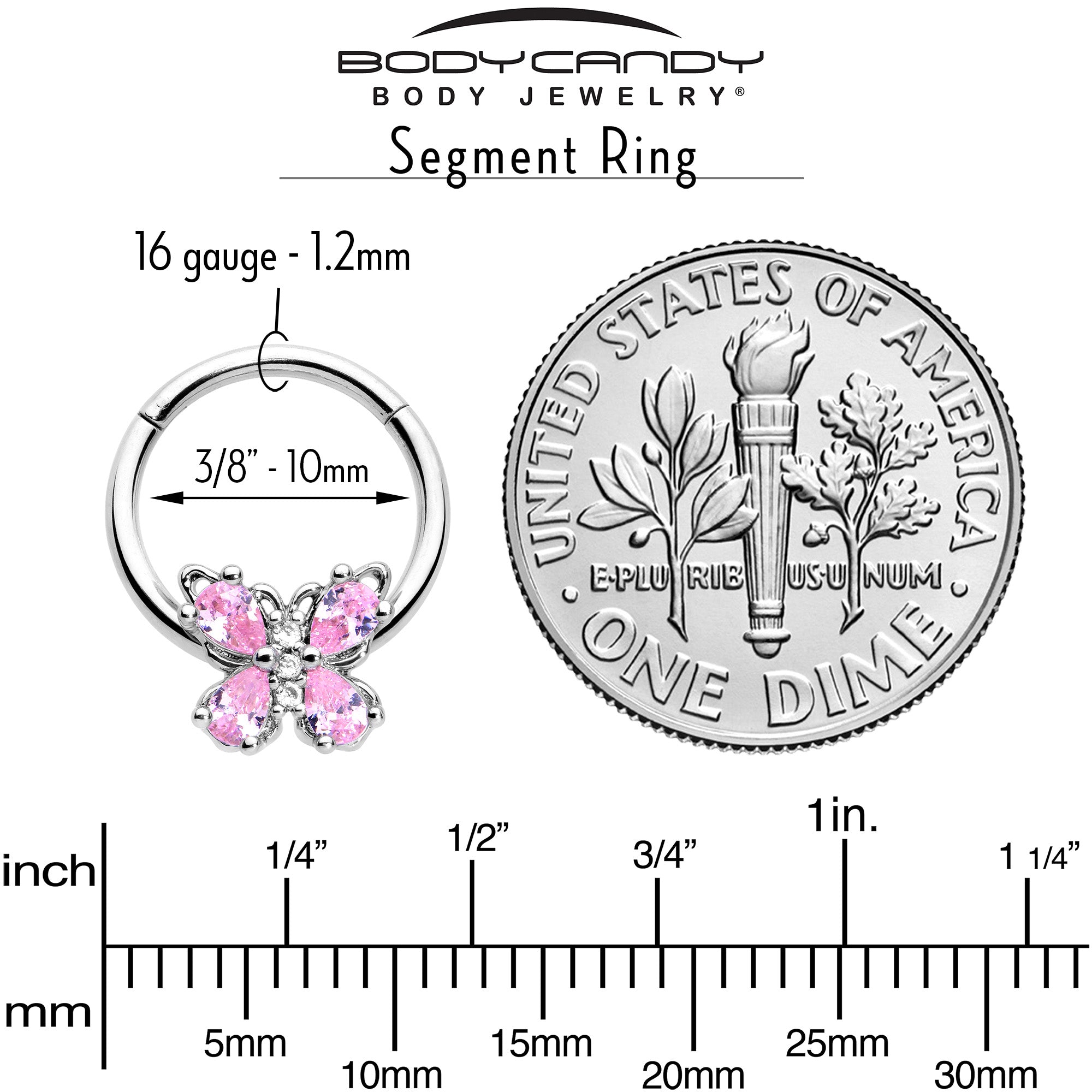 16G 3/8 Pink Gem Baroque Beauty Butterfly Hinged Segment Ring