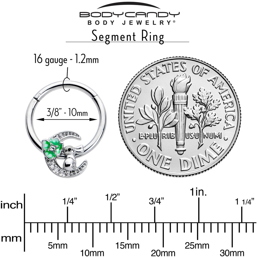 16G 3/8 Clear CZ Gem Rabbit On The Moon Green Hinged Segment Ring