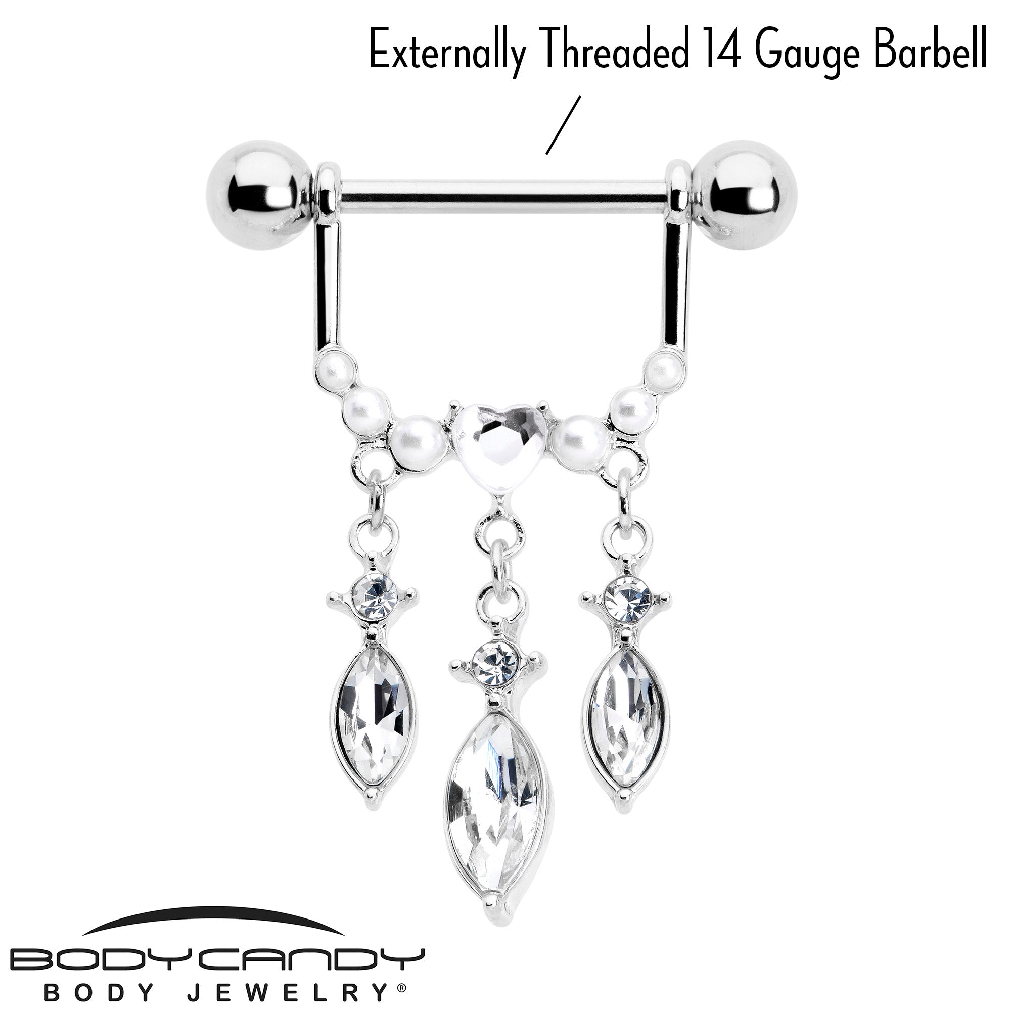 14G 9/16 Clear Gem Heart Triple Drop Dangle Nipple Ring Set
