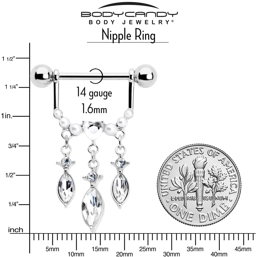 14G 9/16 Clear Gem Heart Triple Drop Dangle Nipple Ring Set