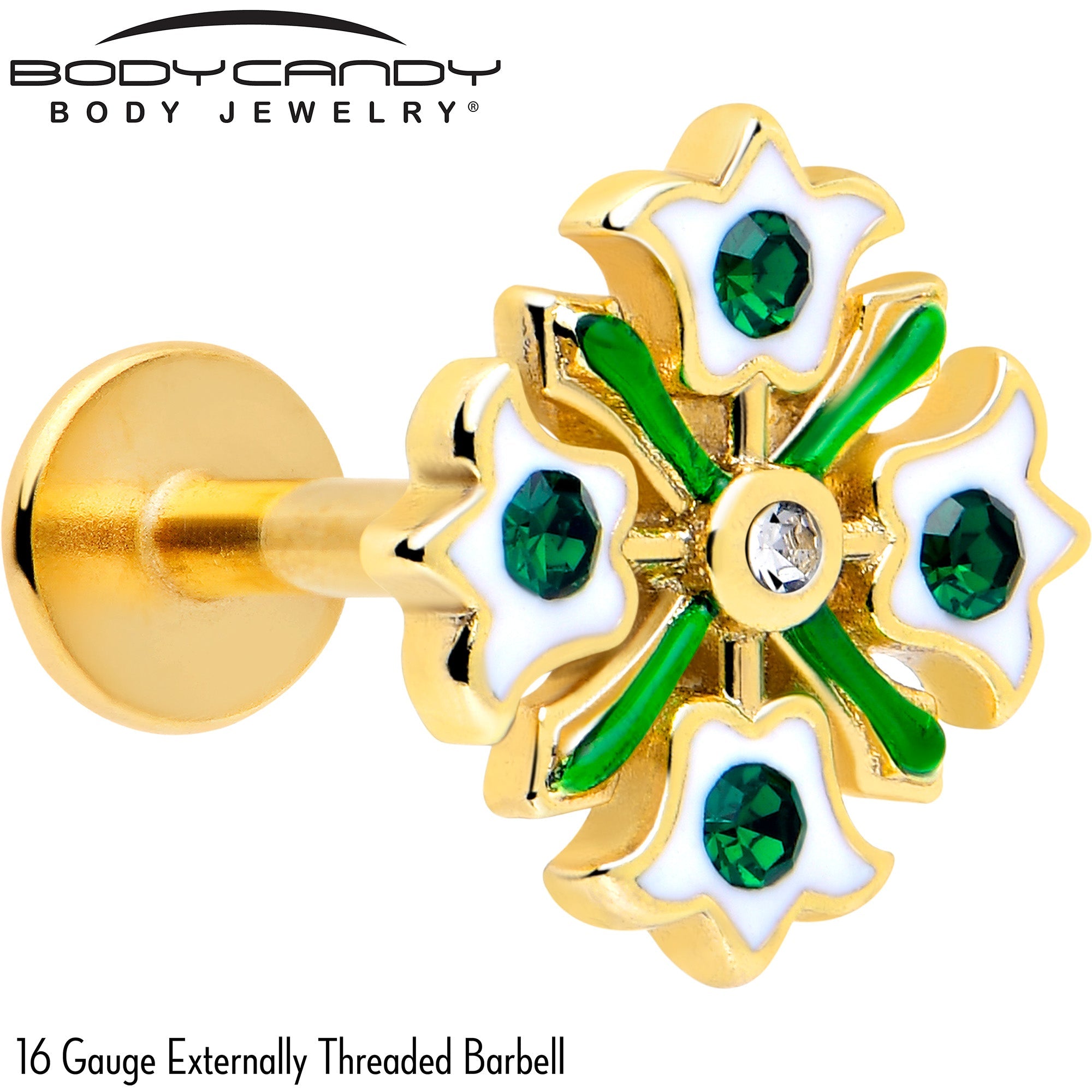 16G 1/4 Green Gem Gold Tone Flower Wreath Flatback Stud
