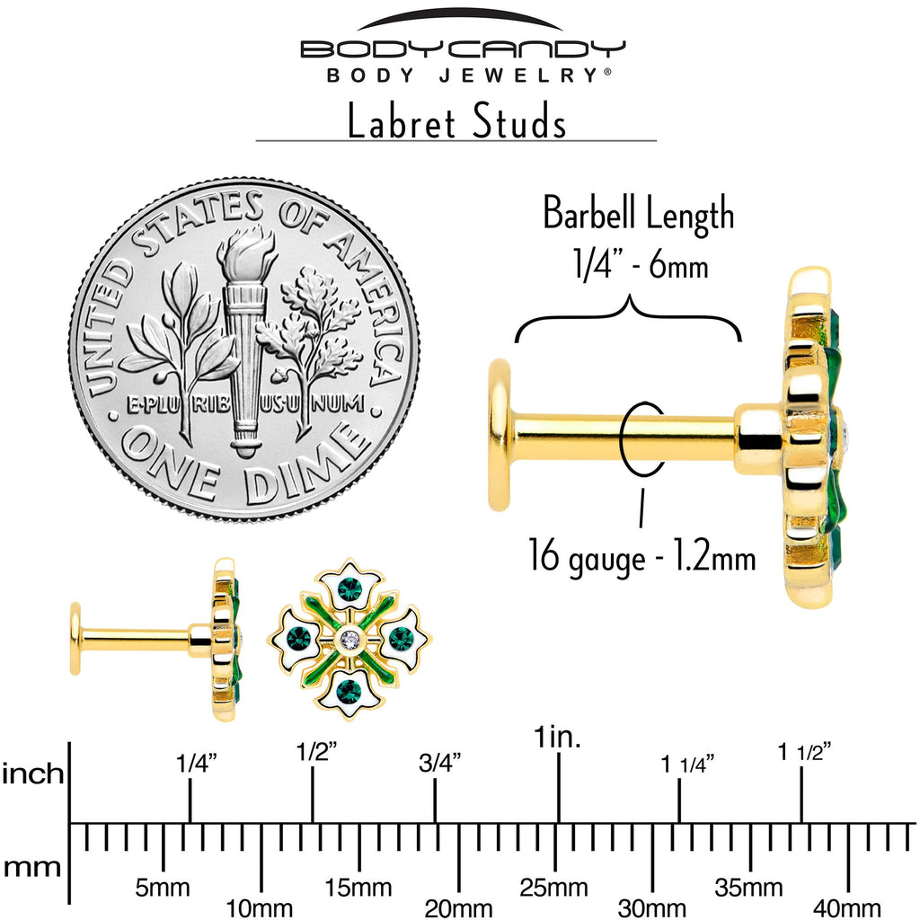 16G 1/4 Green Gem Gold Tone Flower Wreath Flatback Stud