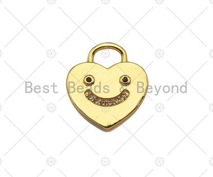 18K Dainty Gold Smiley Face On Heart Lock Shape Pendant/Charm, Necklace Bracelet Charm Pendant,15x13mm, Sku#LK233