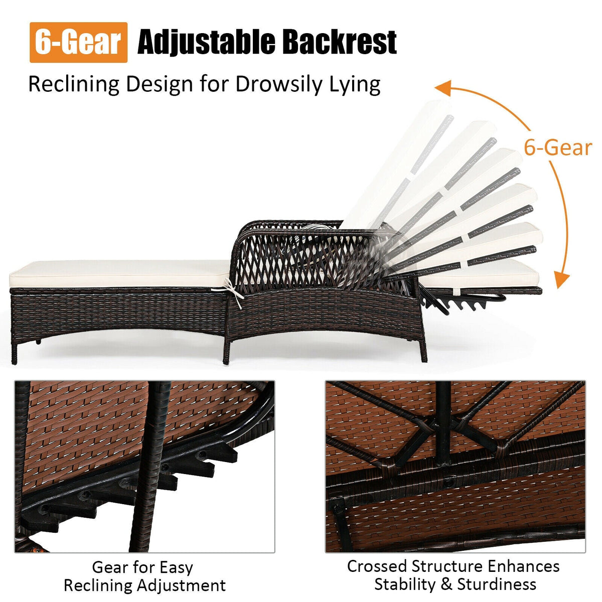 Outdoor Patio Wicker Chaise Lounge Chair with Adjustable Backrest and Pillow