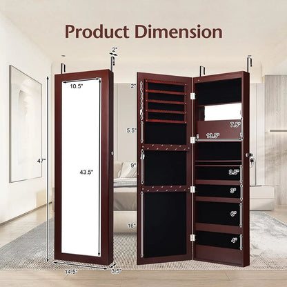 Lockable Wall Door Mounted Mirror Jewelry Cabinet w/LED Lights