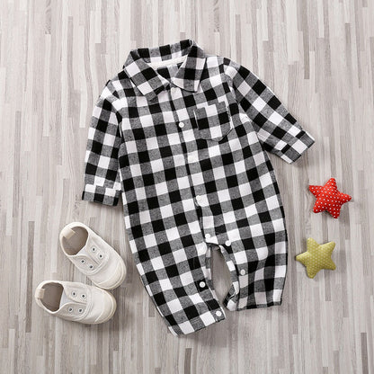 Spring Autumn Newborn Cotton  Casual classic Plaid Collar Jumpsuit for Baby Boys / Girls In Elegant Retro Modern Style