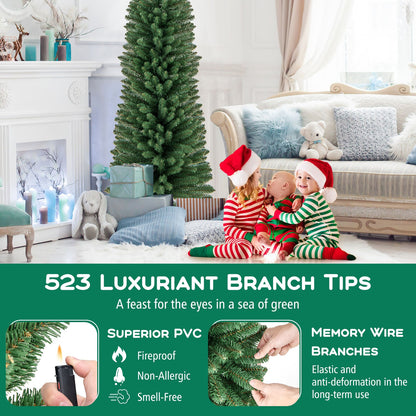 5/6/7/8 Feet Pencil Christmas Tree with 295/392/523/671 Memory Wire Branch Tips and Upgraded Metal Stand