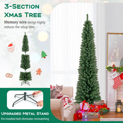 5/6/7/8 Feet Pencil Christmas Tree with 295/392/523/671 Memory Wire Branch Tips and Upgraded Metal Stand