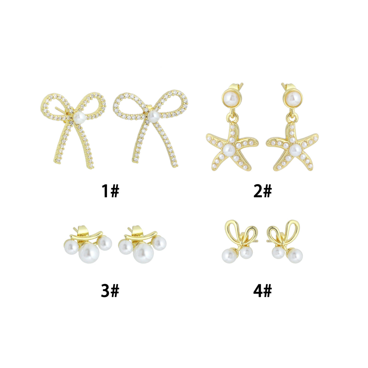 White Pearl Gold Bowknot Star Fish Stud Earring,Sku#LD747