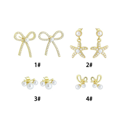 White Pearl Gold Bowknot Star Fish Stud Earring,Sku#LD747