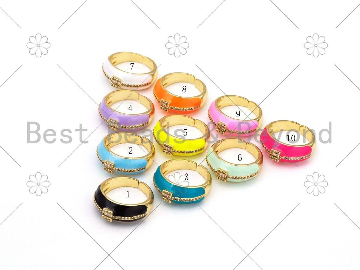 Pave Baguette CZ Colorful Enamel Adjustable Ring,Sku#X241