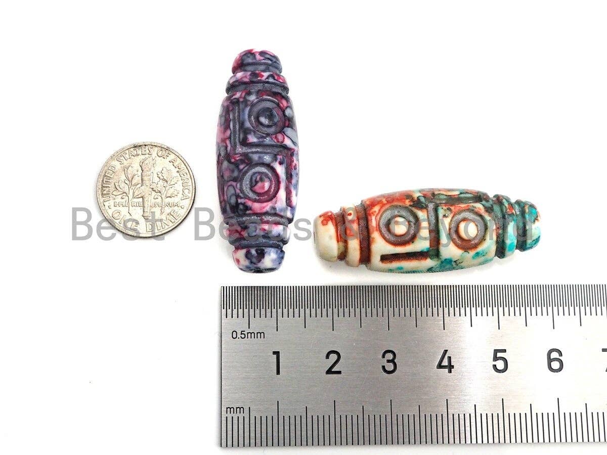 Colorful Engraved Long Oval Tibetan Spacer Beads, Multicolor