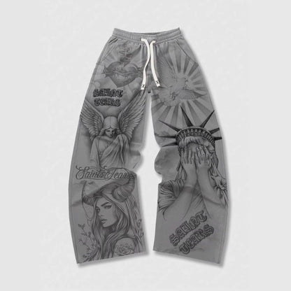Retro Letter Print Mens Loose Casual Pants