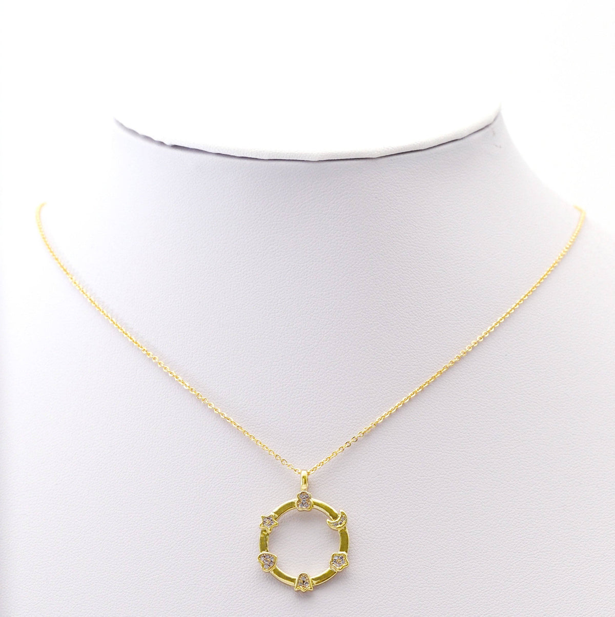 CZ Gold Heart Moon Star Flower On Round Ring Charm, Sku#LK766