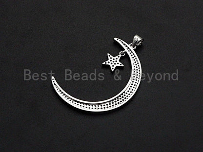 CZ Micro Pave Crescent Moon and Star Pendant ,Gold/Silver/Bl