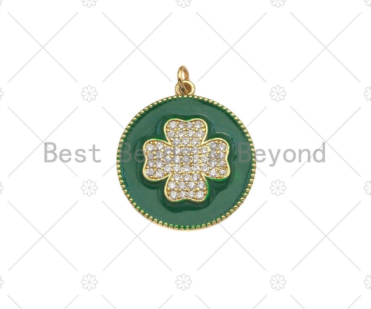 CZ Gold Clover On Green/Pink/Black/White/Red/Blue Enamel Round Coin Shape Pendant, 18K Gold Enamel Charm, Enamel Jewelry, 25x28mm,Sku#B131
