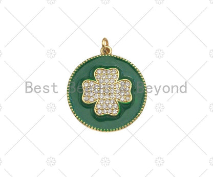 CZ Gold Clover On Green/Pink/Black/White/Red/Blue Enamel Round Coin Shape Pendant, 18K Gold Enamel Charm, Enamel Jewelry, 25x28mm,Sku#B131