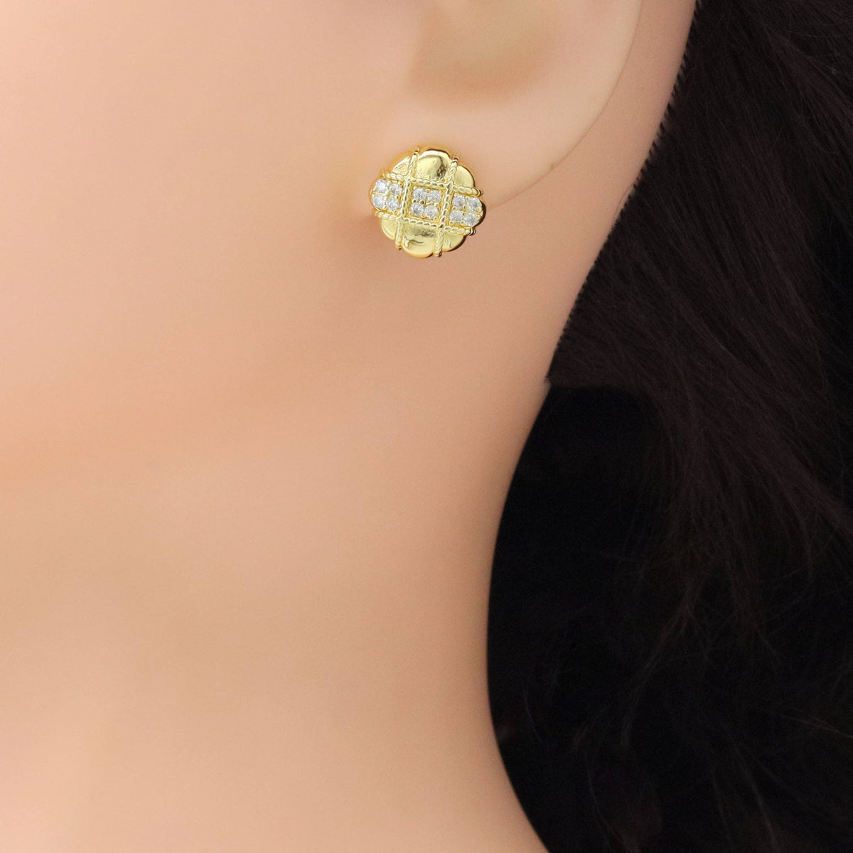 Clear CZ Round Checkboard Stud Earrings, Sku#A372