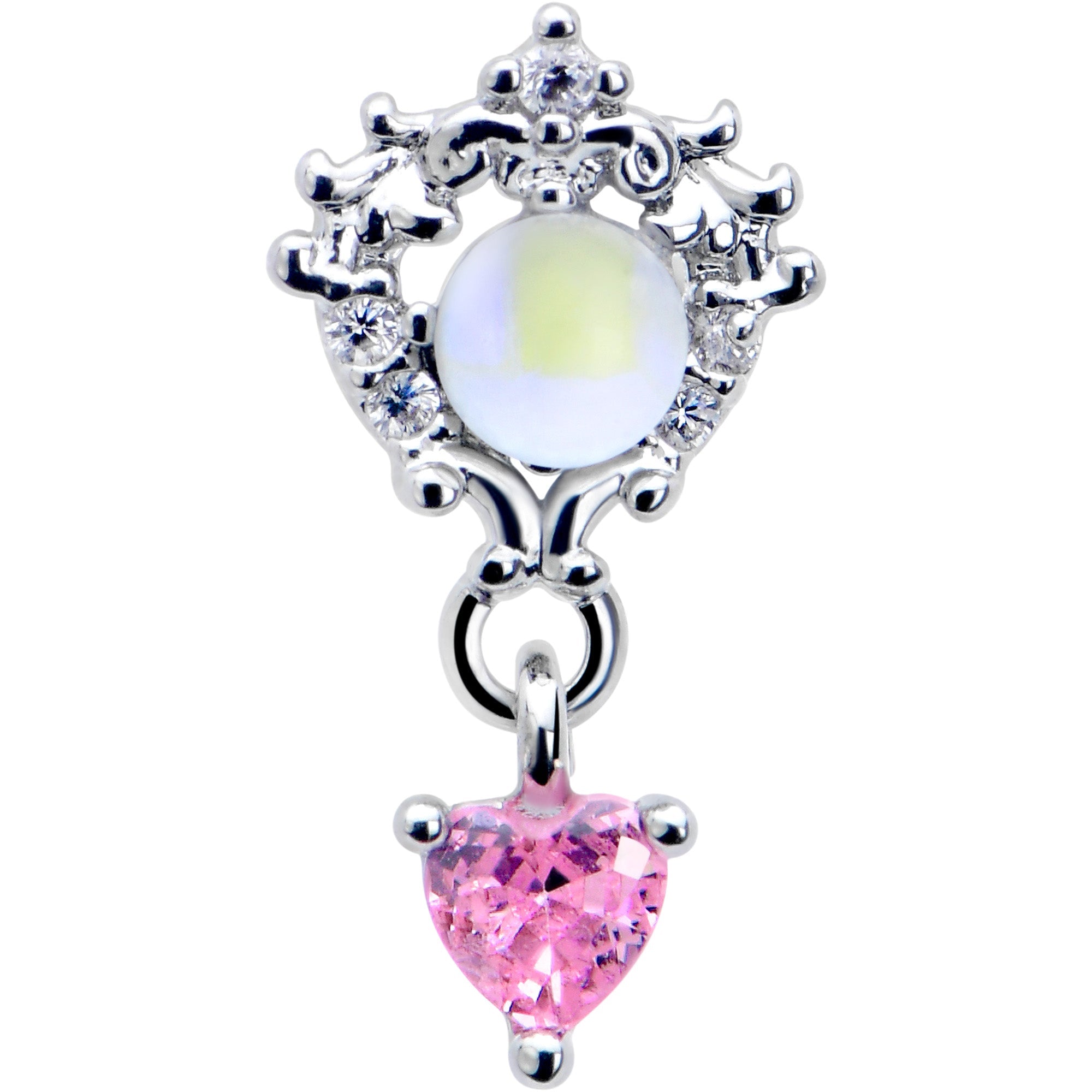 20G 7mm Pink CZ Gem Heart Mystique Dangle L Shape Nose Ring
